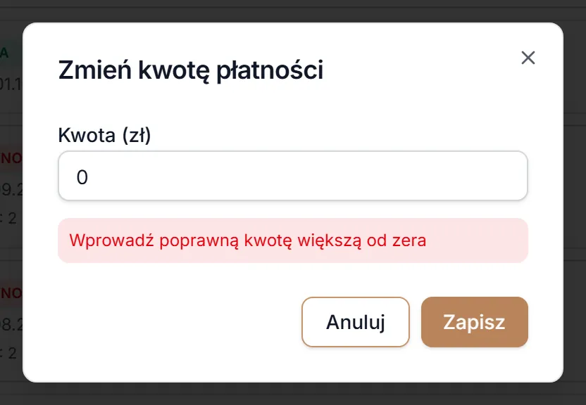 Zmień kwotę — błędna kwota