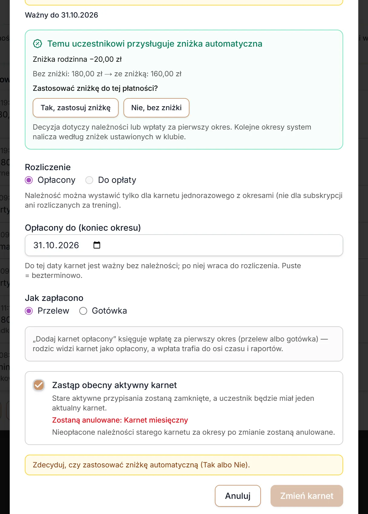 Zmień karnet — zniżka automatyczna
