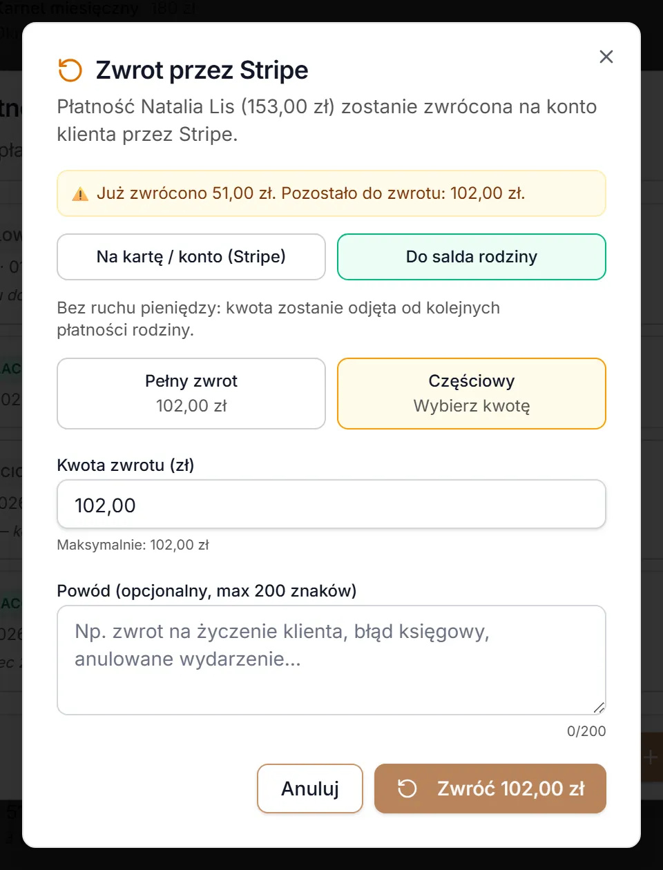Zwrot wpłaty kartą na saldo rodziny