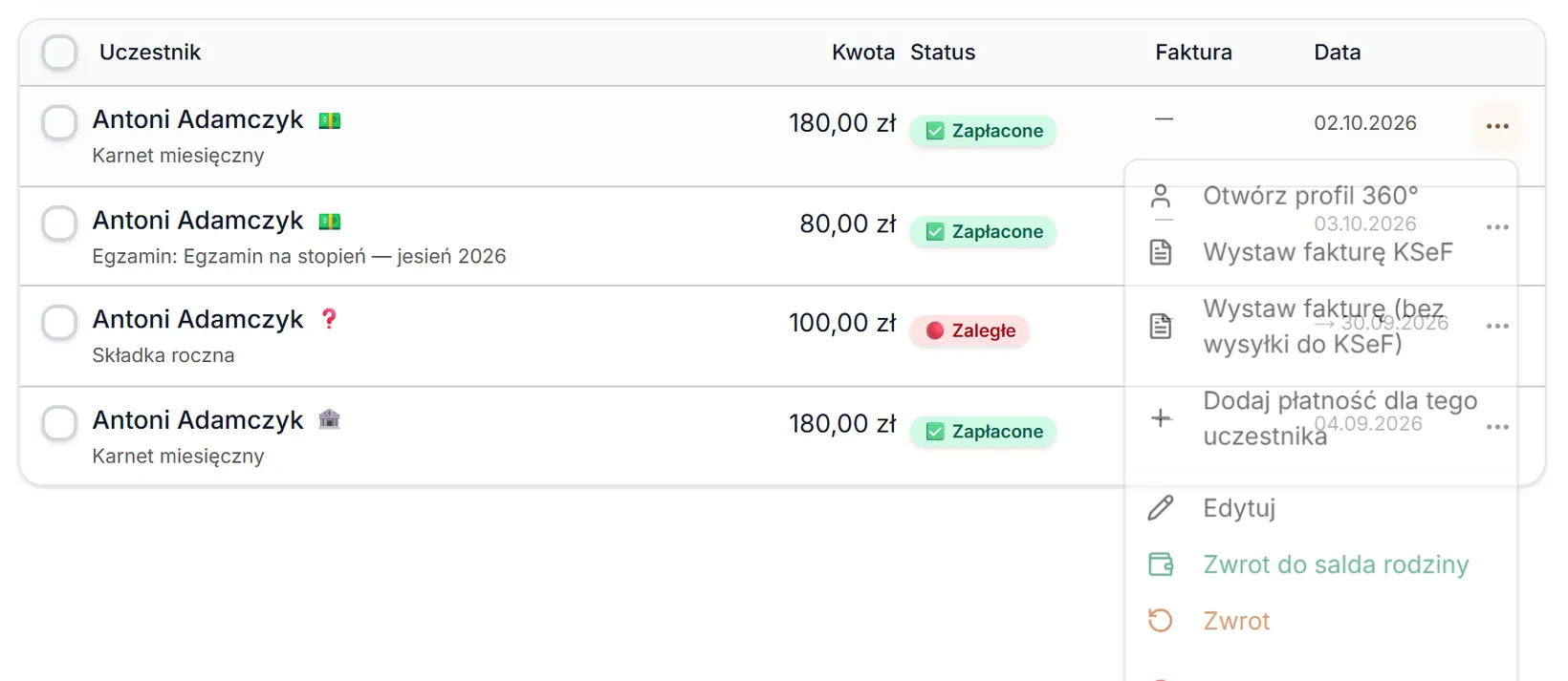Bezpośredni skrót do salda rodziny przy opłaconej wpłacie