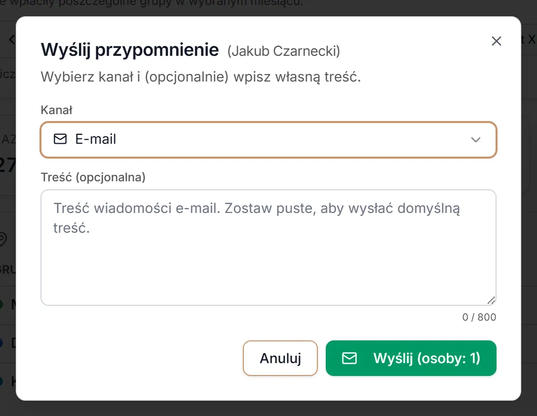 Okno przypomnienia — kanał E-mail