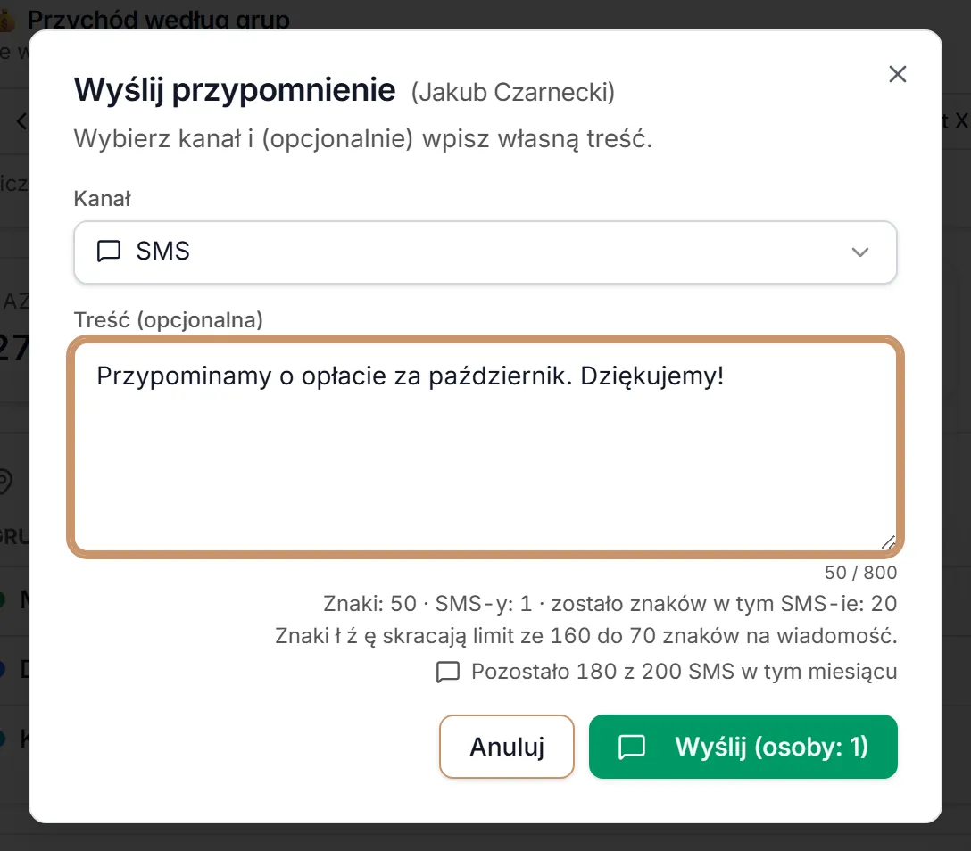 SMS z własną treścią — licznik i saldo