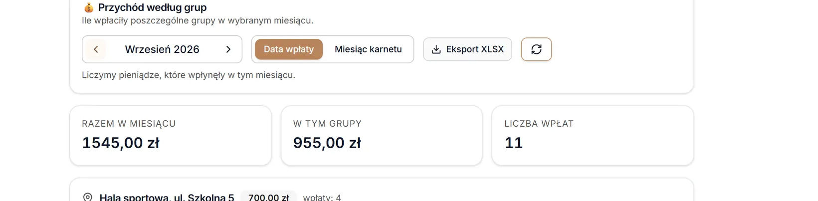 Zakładka Grupy — poprzedni miesiąc