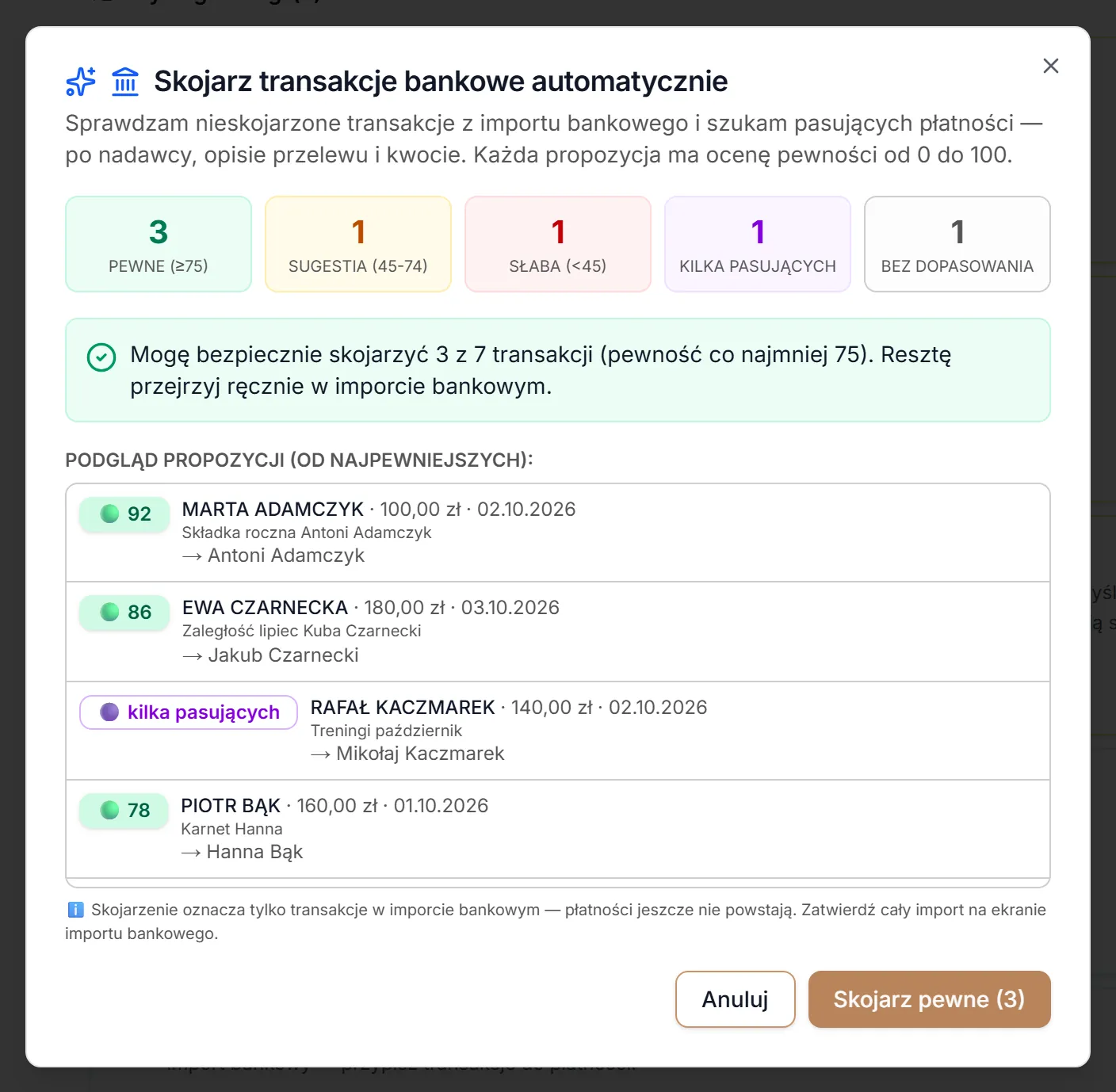 Okno „Skojarz transakcje bankowe automatycznie”