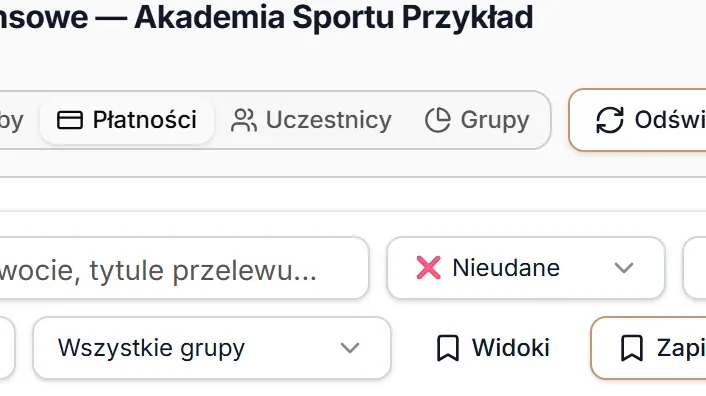 Zakładka Płatności z filtrem nieudanych płatności