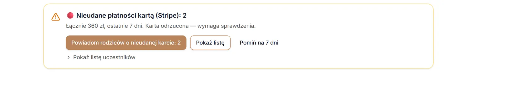 Pozycja „Nieudane płatności kartą”