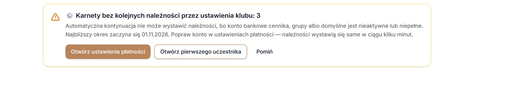 Pozycja „Karnety bez kolejnych należności przez ustawienia klubu”