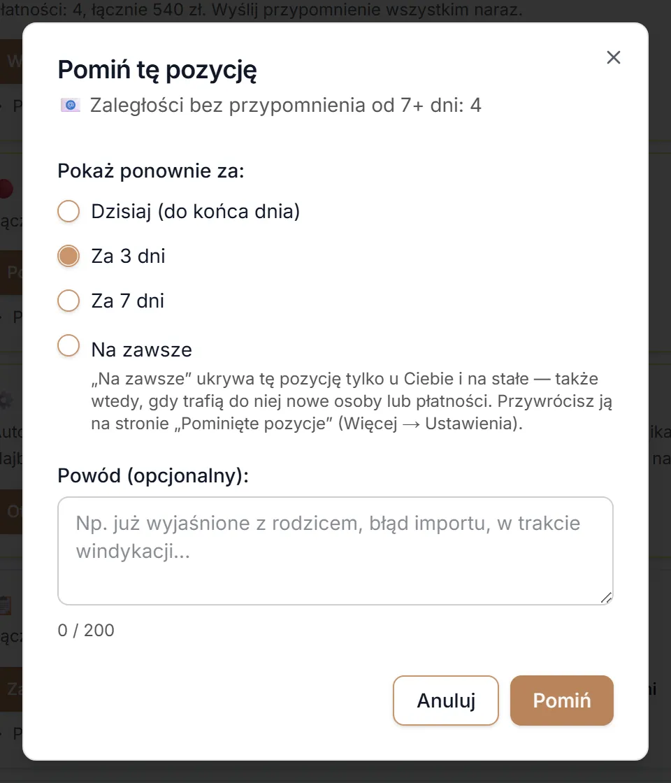 Okno „Pomiń tę pozycję” z ustawionym „Za 3 dni”