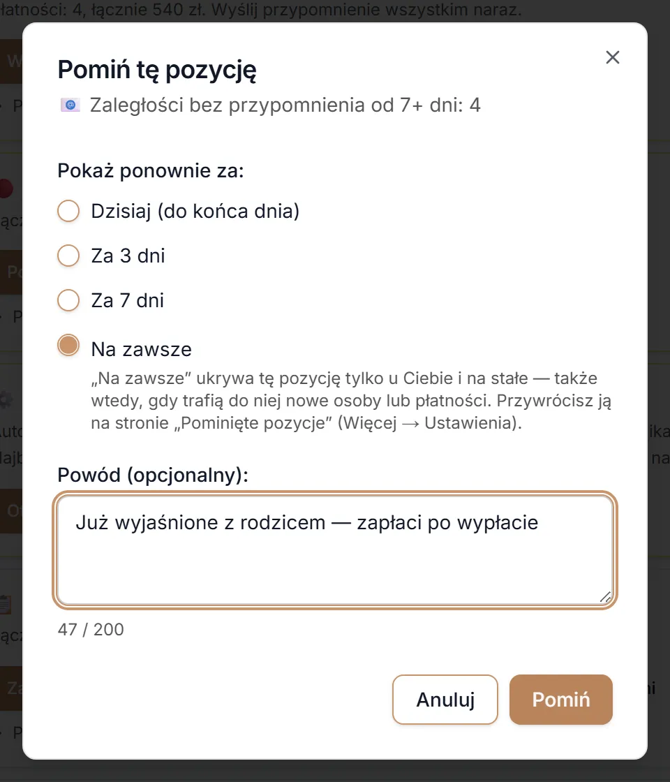 Pominięcie na zawsze z wpisanym powodem