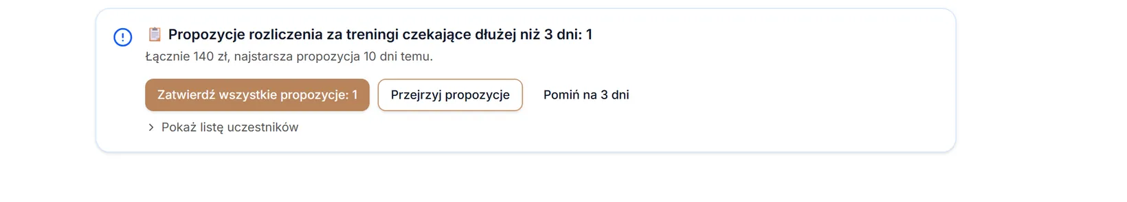 Pozycja „Propozycje rozliczenia za treningi”