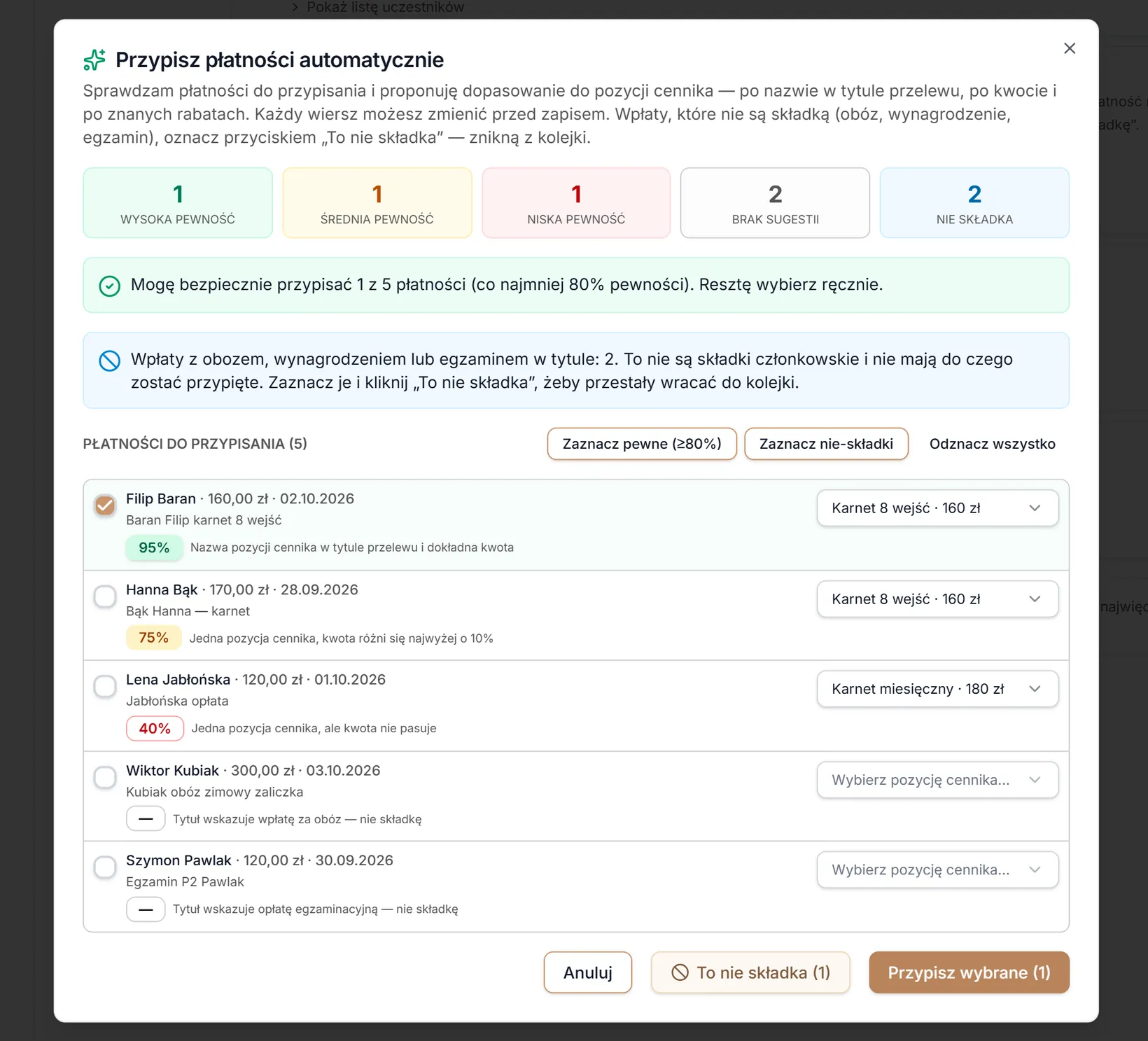 Okno „Przypisz płatności automatycznie”