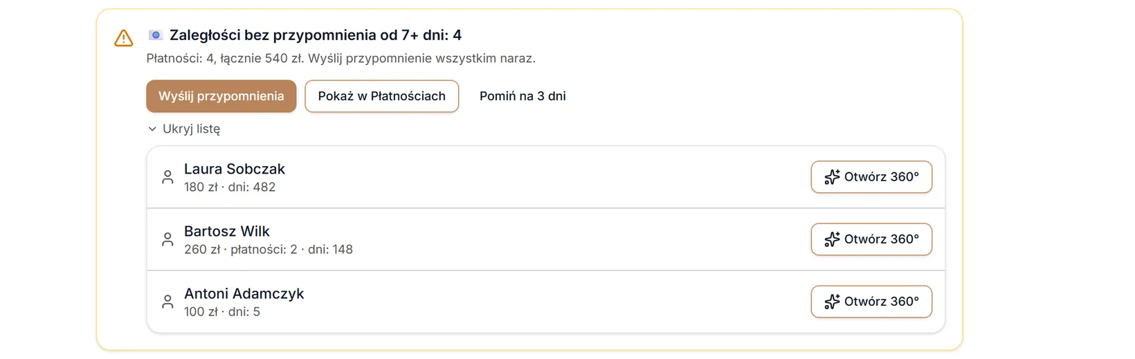 Rozwinięta lista osób z zaległościami