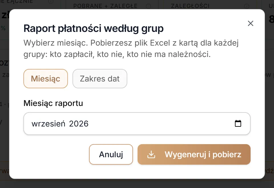 Raport płatności według grup — tryb Miesiąc