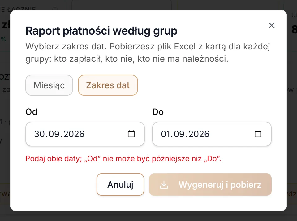 Raport płatności — błędny zakres dat