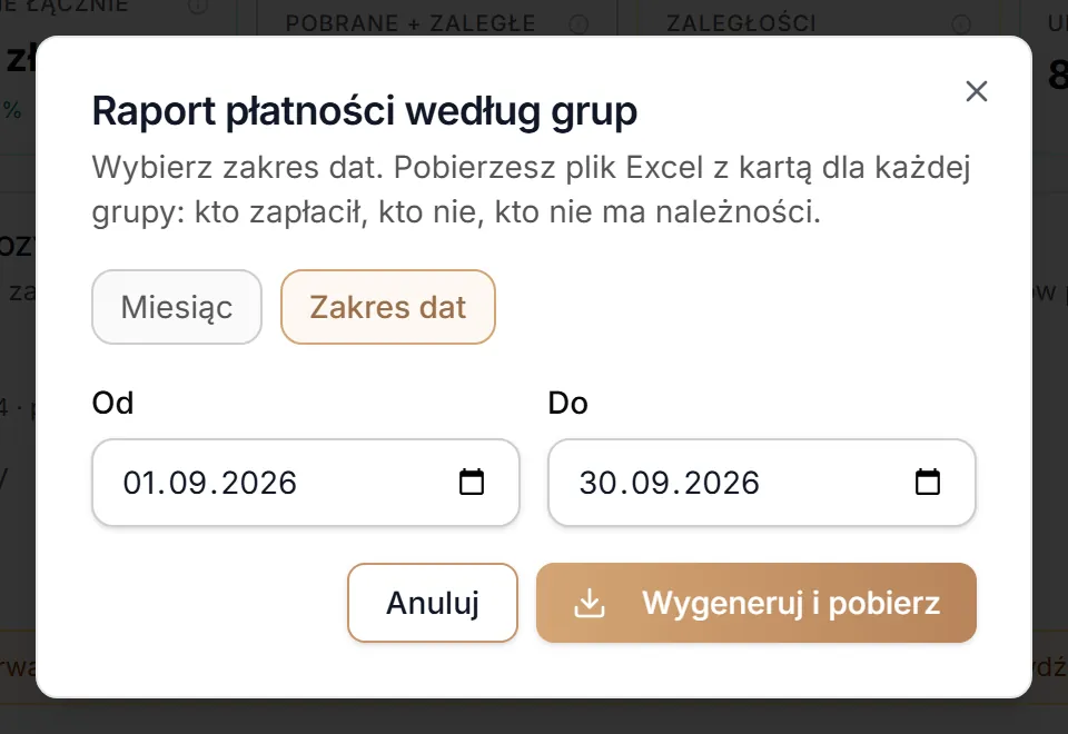 Raport płatności — tryb Zakres dat