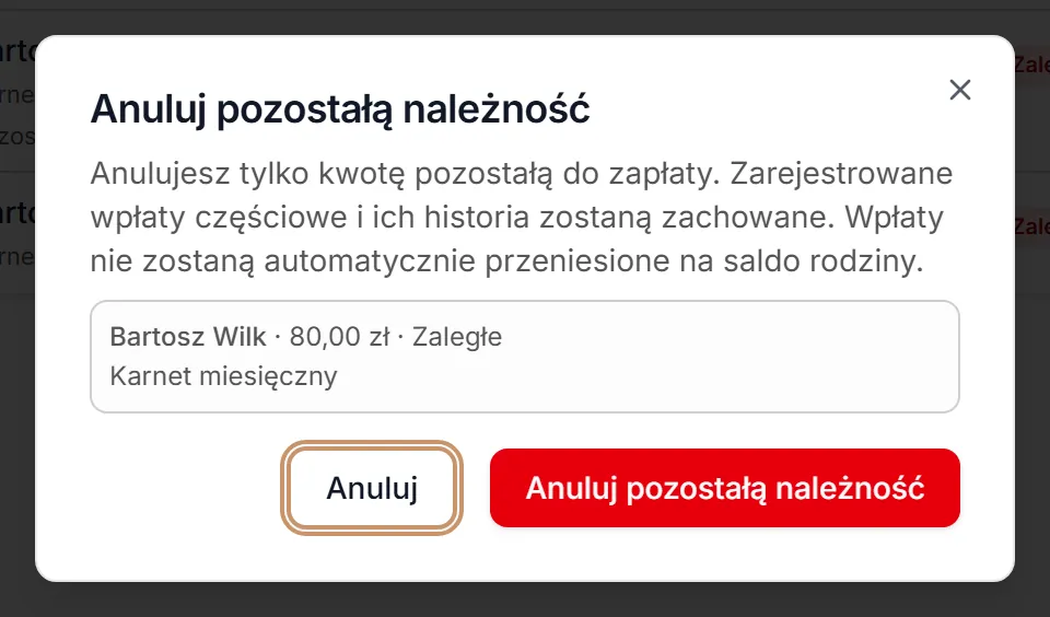 Anulowanie kwoty pozostałej do zapłaty