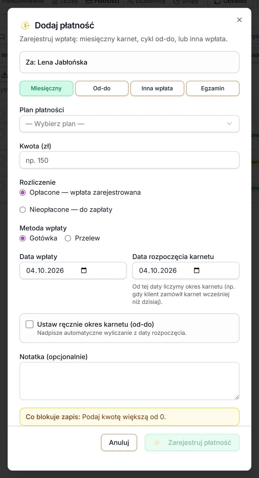 Dodaj płatność z menu płatności