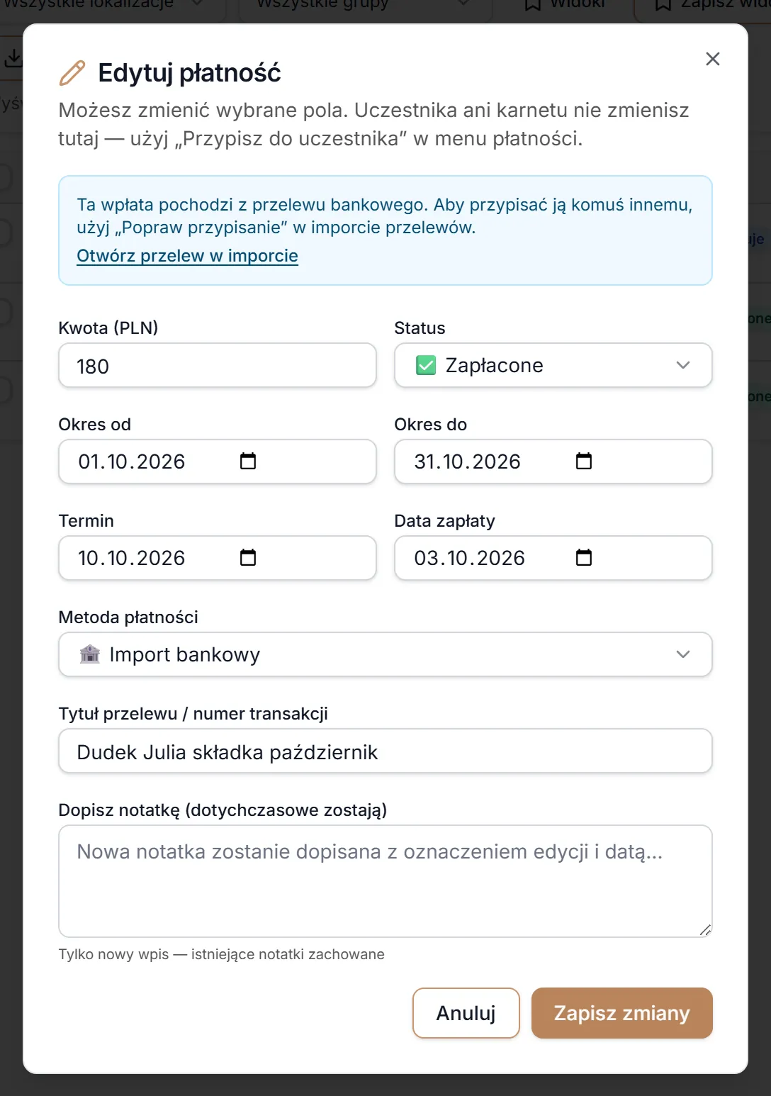 Edycja wpłaty z importu bankowego