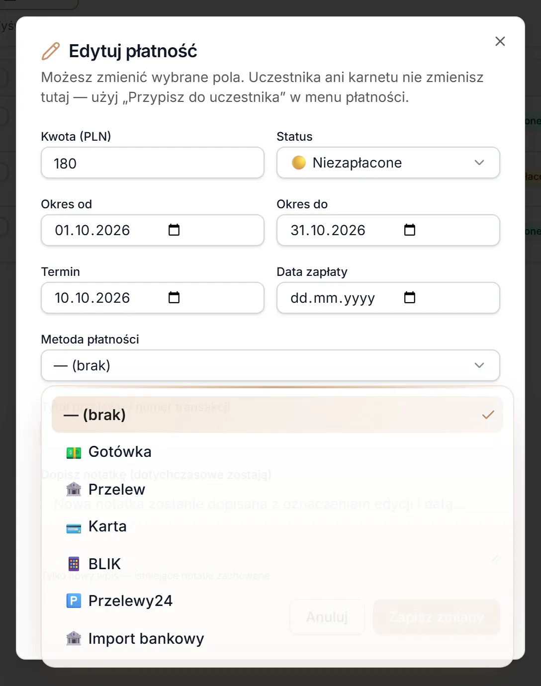 Edycja — lista metod płatności