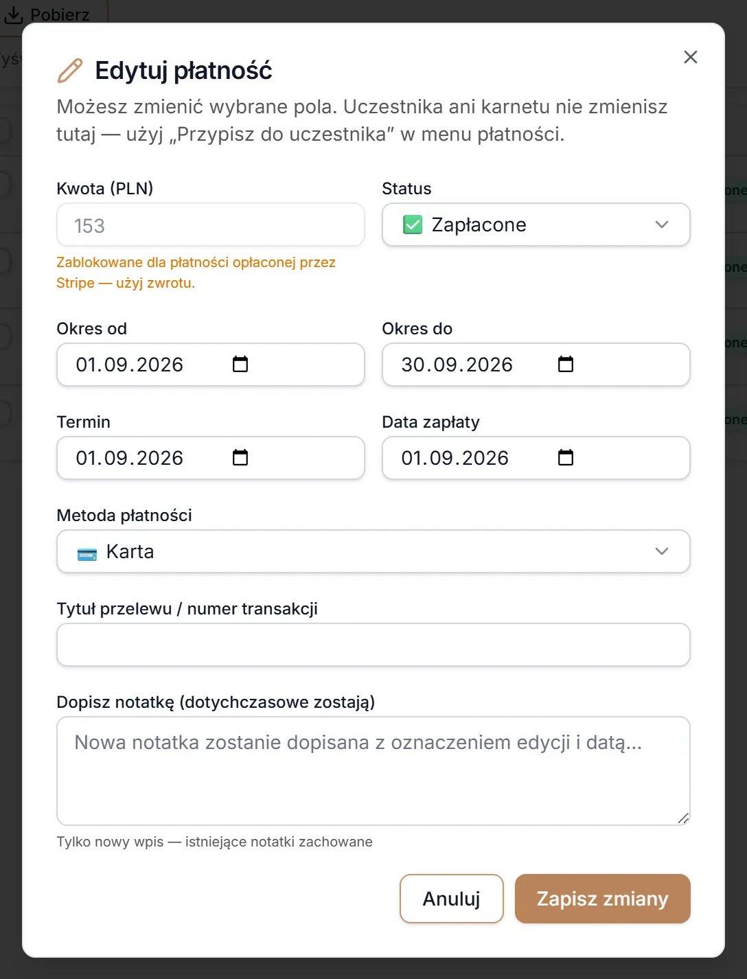 Edycja płatności opłaconej online