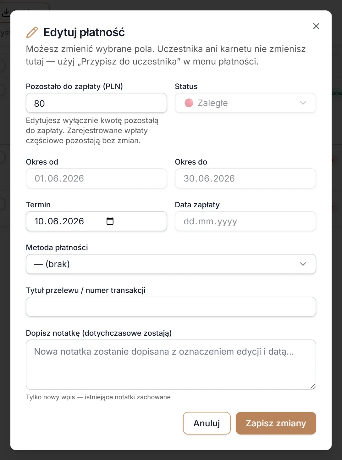 Edycja kwoty pozostałej do zapłaty