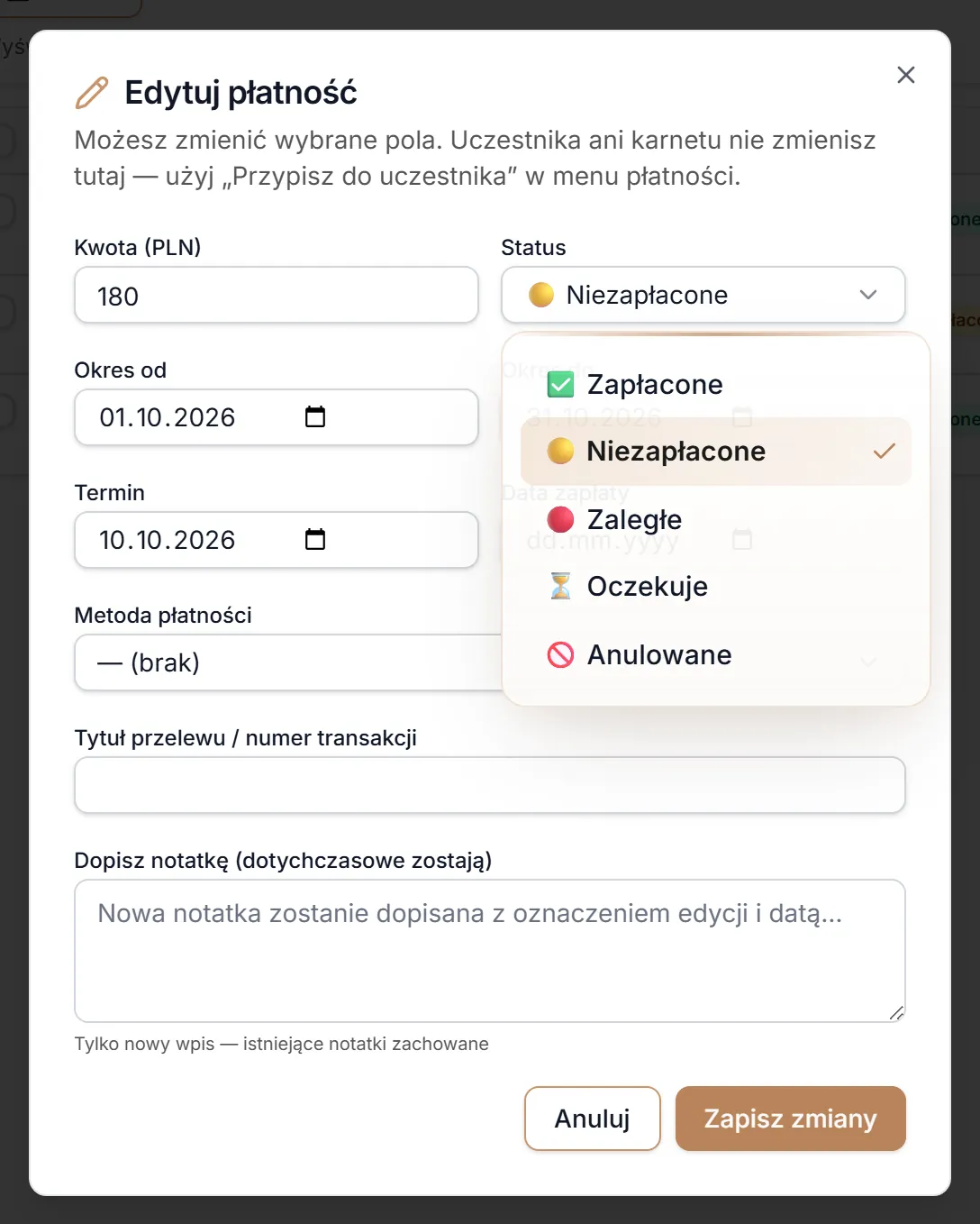 Edycja — lista statusów