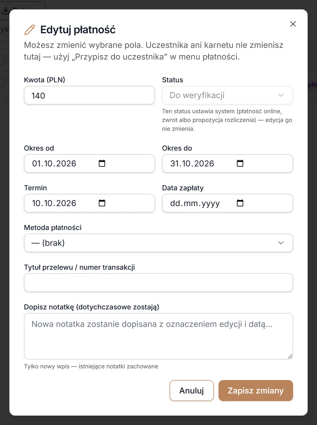 Edycja przy statusie ustawianym przez system