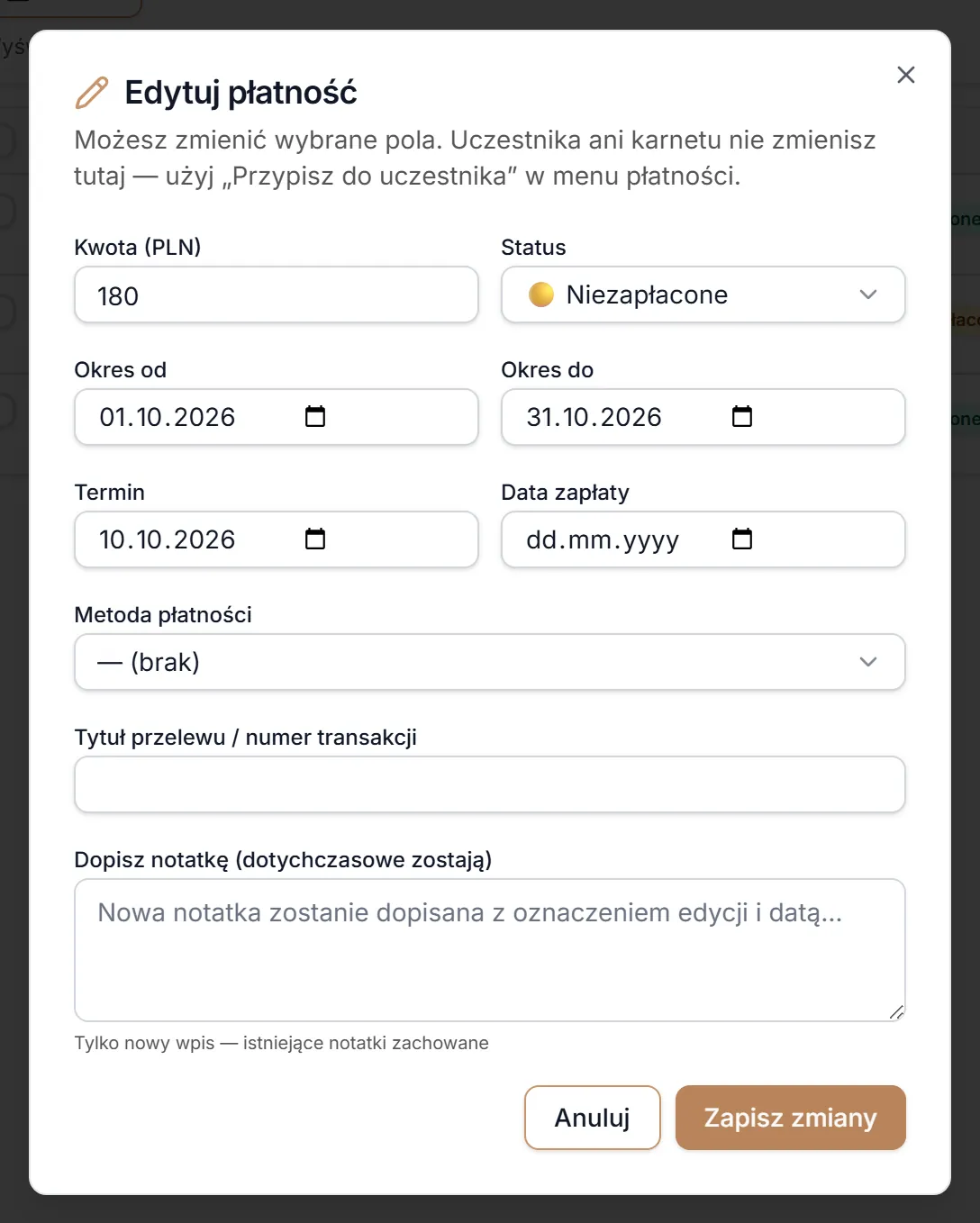 Okno Edytuj płatność