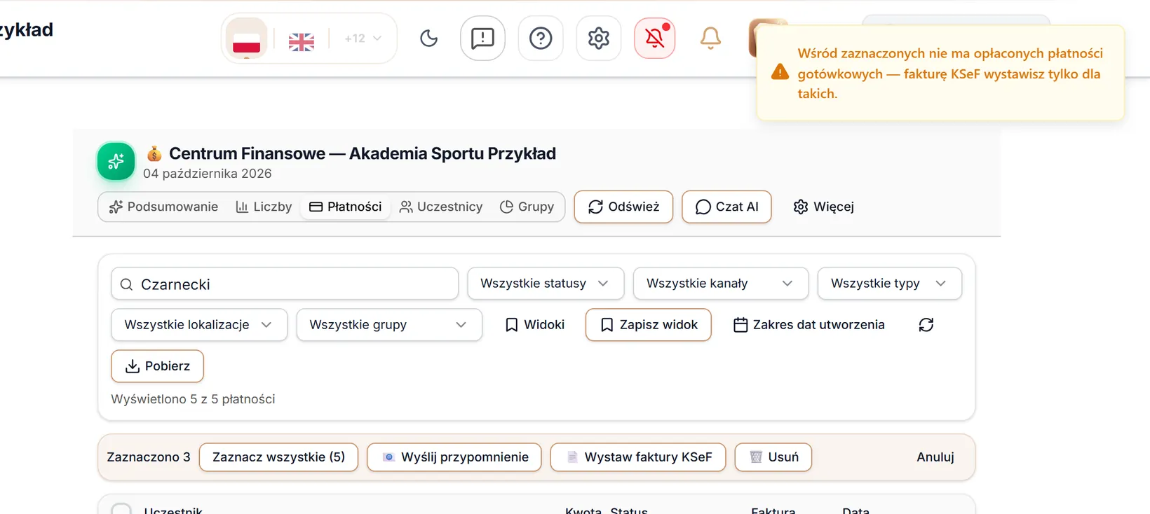 Faktury KSeF — brak wpłat gotówką wśród zaznaczonych
