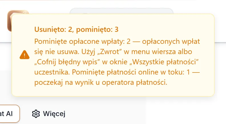 Wynik usuwania — część płatności pominięta