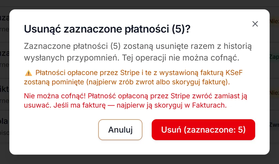 Okno usuwania zaznaczonych płatności