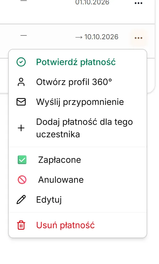 Menu nieopłaconej należności
