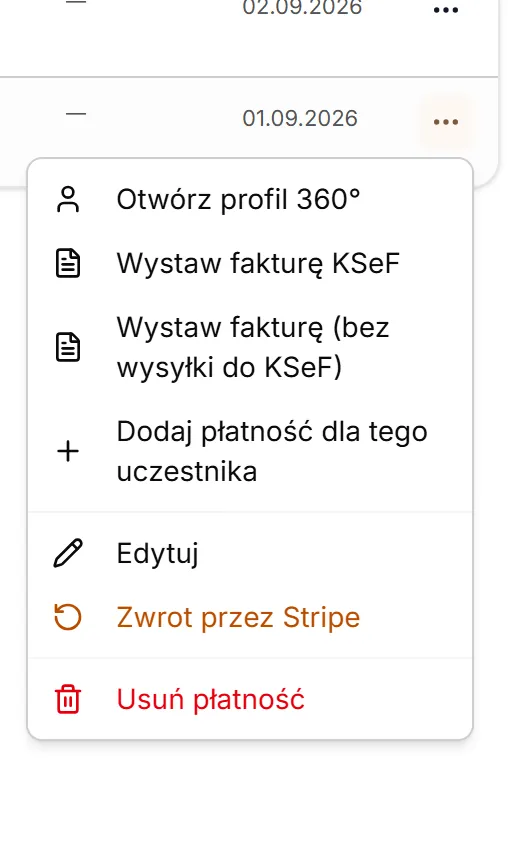 Menu zapłaconej płatności online