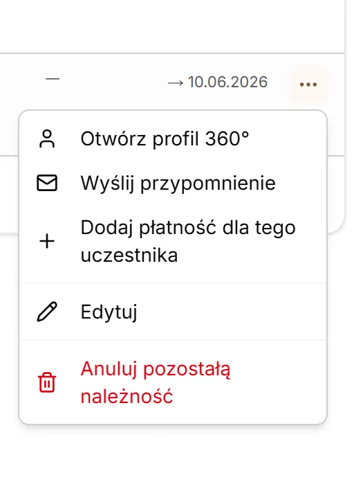 Menu należności po wpłacie częściowej