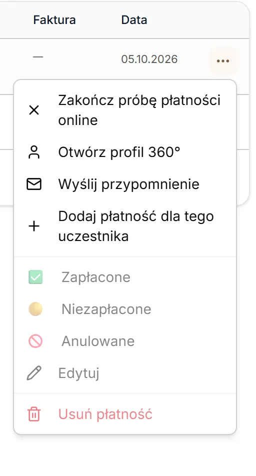Menu płatności online w toku