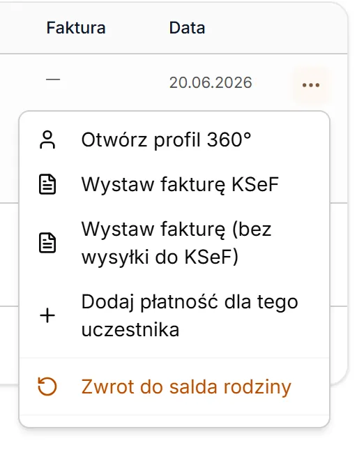 Menu wpłaty częściowej