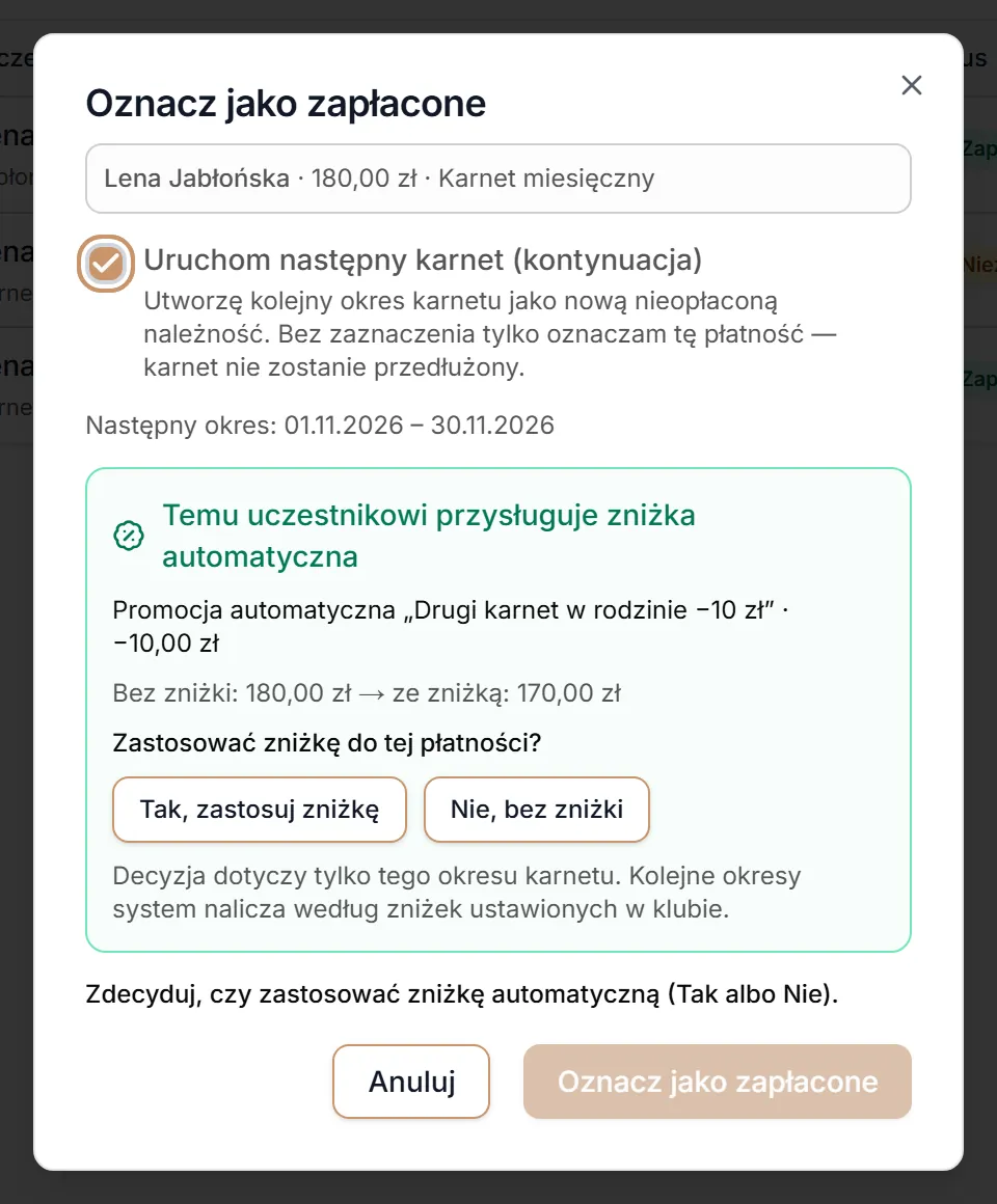 Następny karnet i pytanie o zniżkę automatyczną