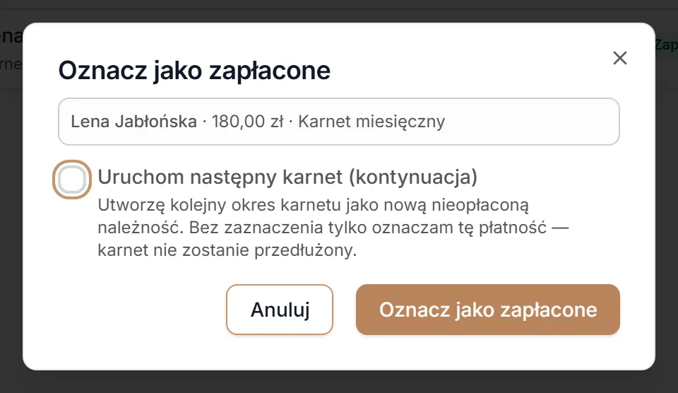 Okno Oznacz jako zapłacone