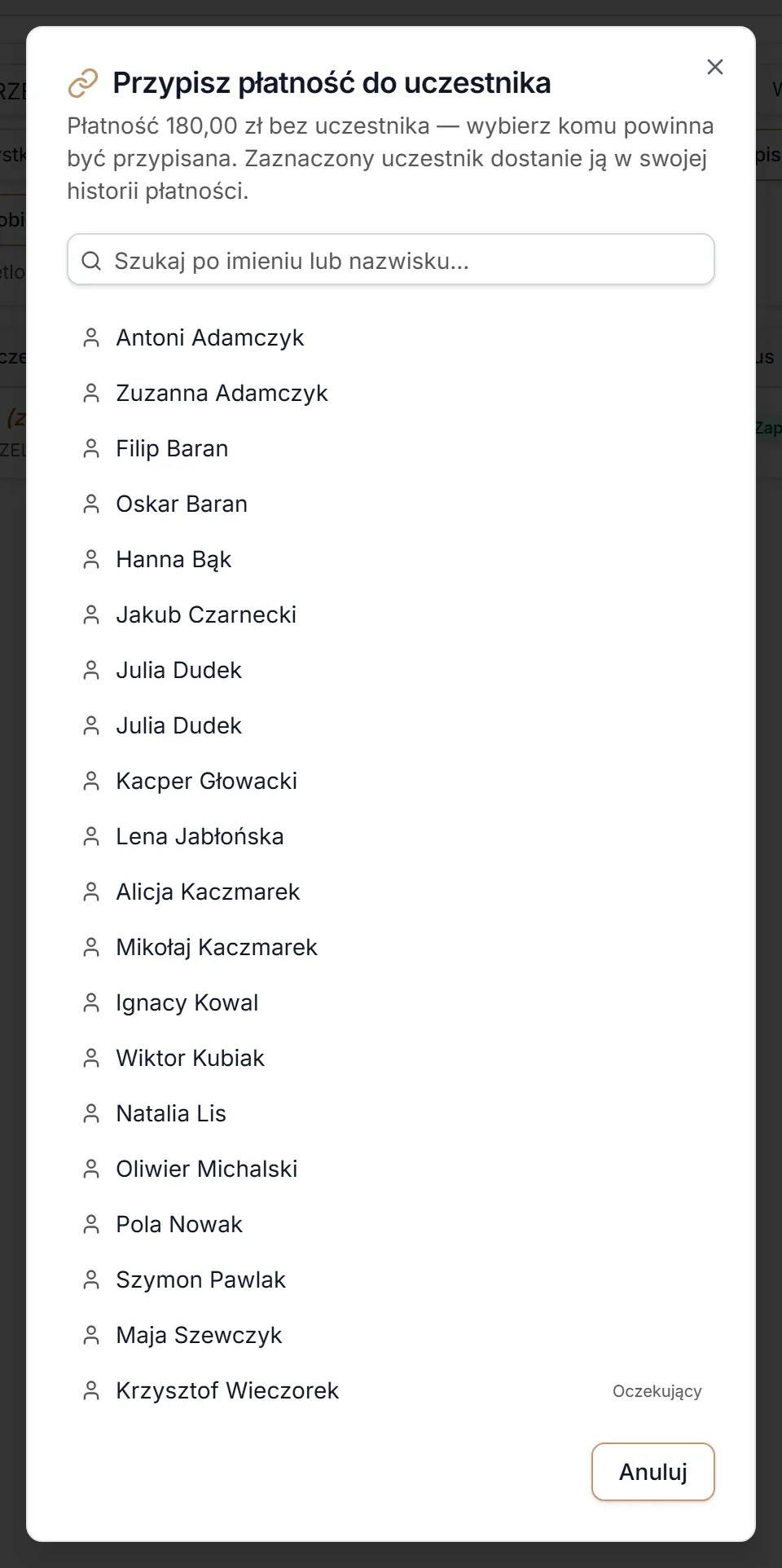 Okno Przypisz płatność do uczestnika