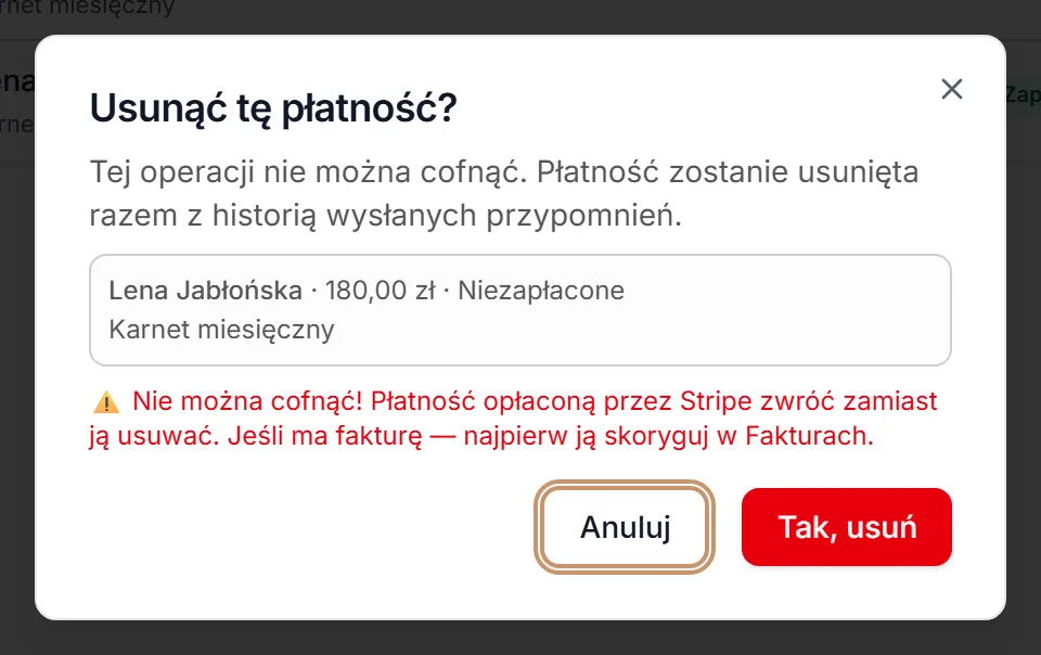Okno usuwania płatności