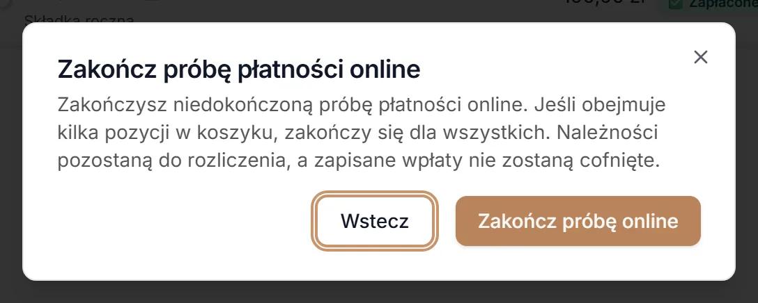 Okno Zakończ próbę płatności online