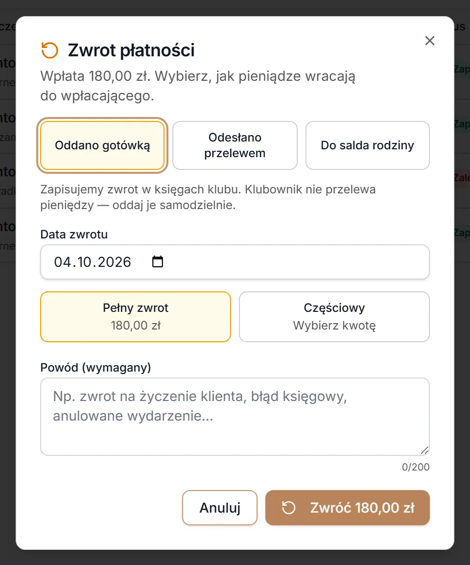 Zwrot wpłaty gotówką