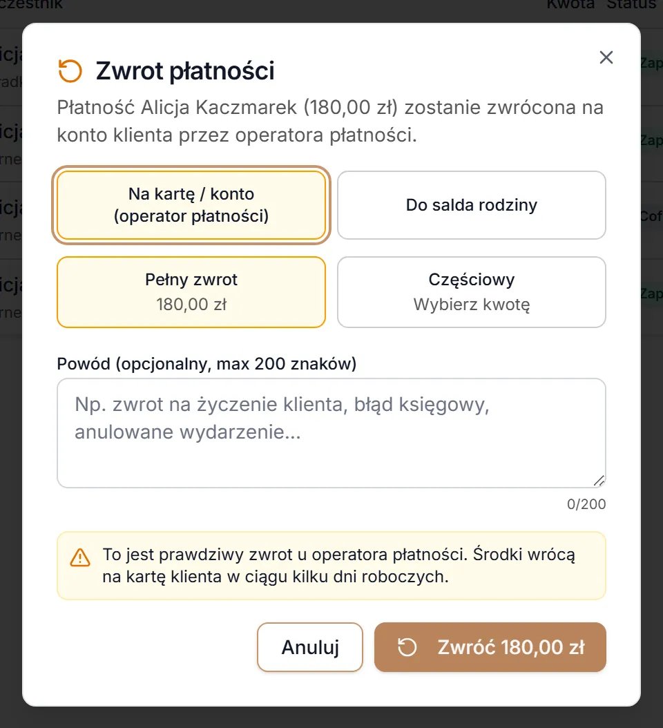 Zwrot płatności u innego operatora