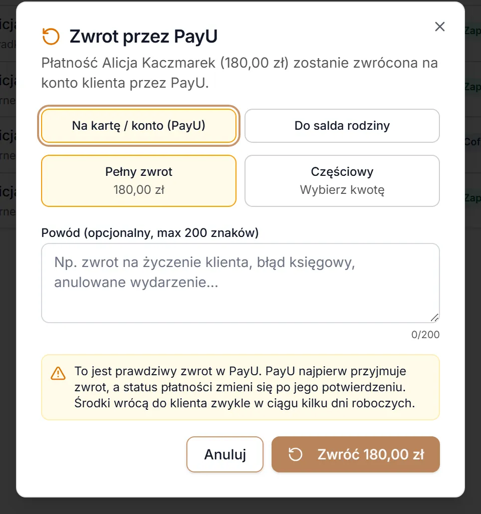 Zwrot płatności przez PayU