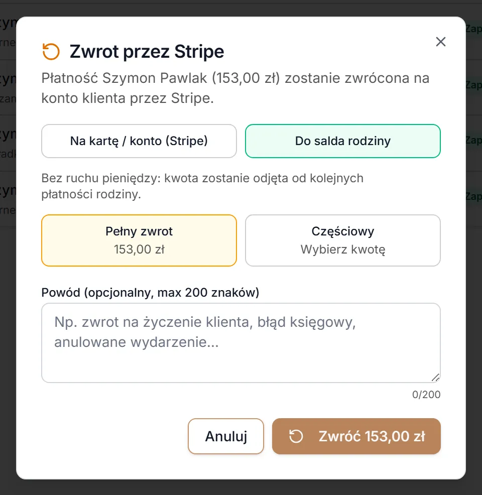 Zwrot płatności online do salda rodziny