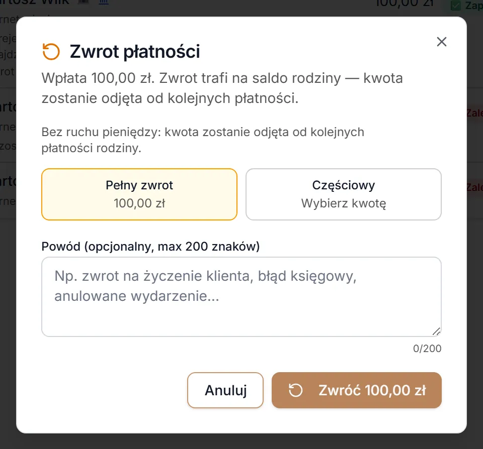 Zwrot wpłaty częściowej do salda rodziny