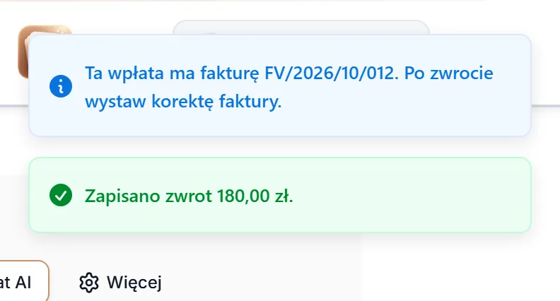 Zwrot zapisany — przypomnienie o korekcie faktury