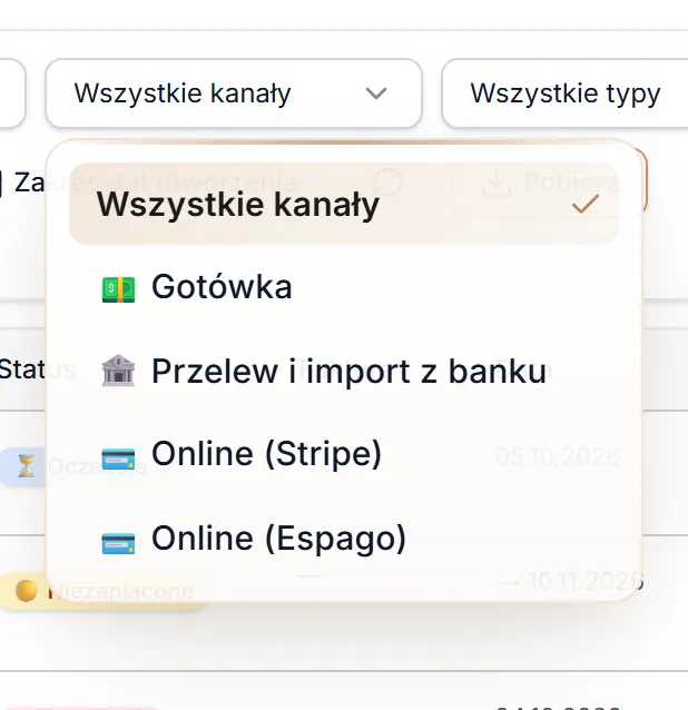 Lista opcji filtra Kanał