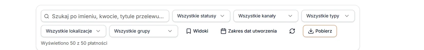 Pasek filtrów listy płatności