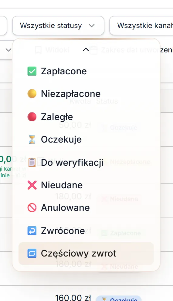 Lista opcji filtra Status przewinięta do końca